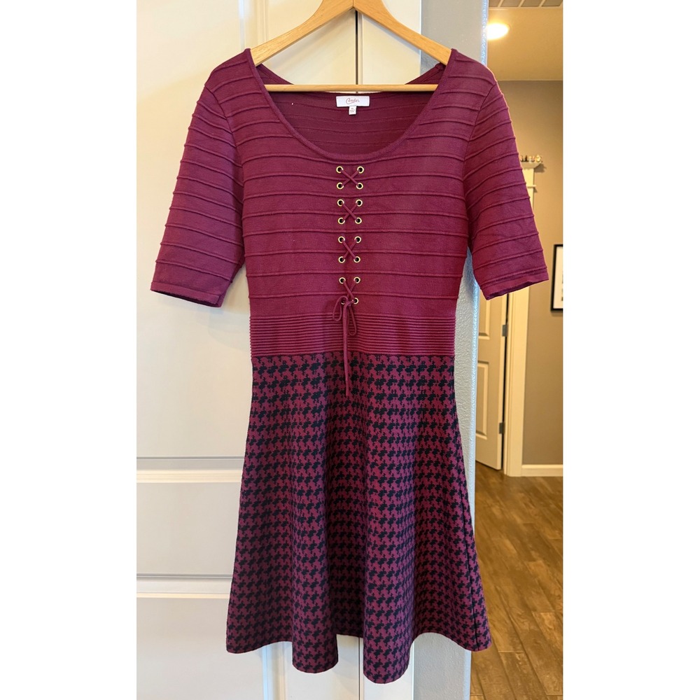Candies Maroon/Black Juniors XL Y2K Fit and Flare Lace Up 3/4 Sleeve Knit Dress - Picture 7 of 7